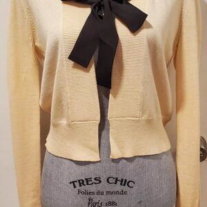 DKNY Petite Ivory Open Front Cardigan Black Beaded Silk Collar Neck Tie Bow, NWT